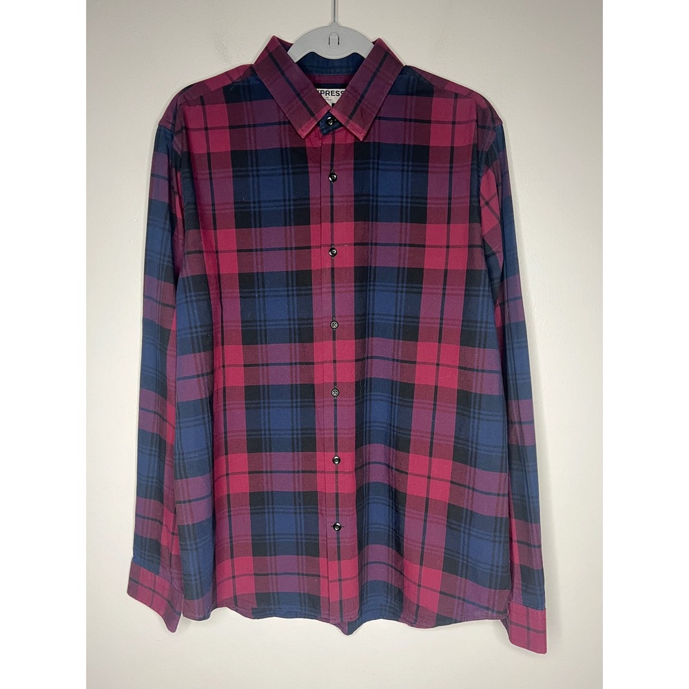 Express Fitted Plaid Button Down Shirt Mens Large Burgundy Navy Blue 100% Cotton